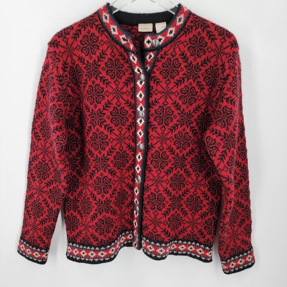 LL Bean Cardigan Womens Medium Merino Wool Red Black Snowflake Sweater Vintage - Picture 6 of 12